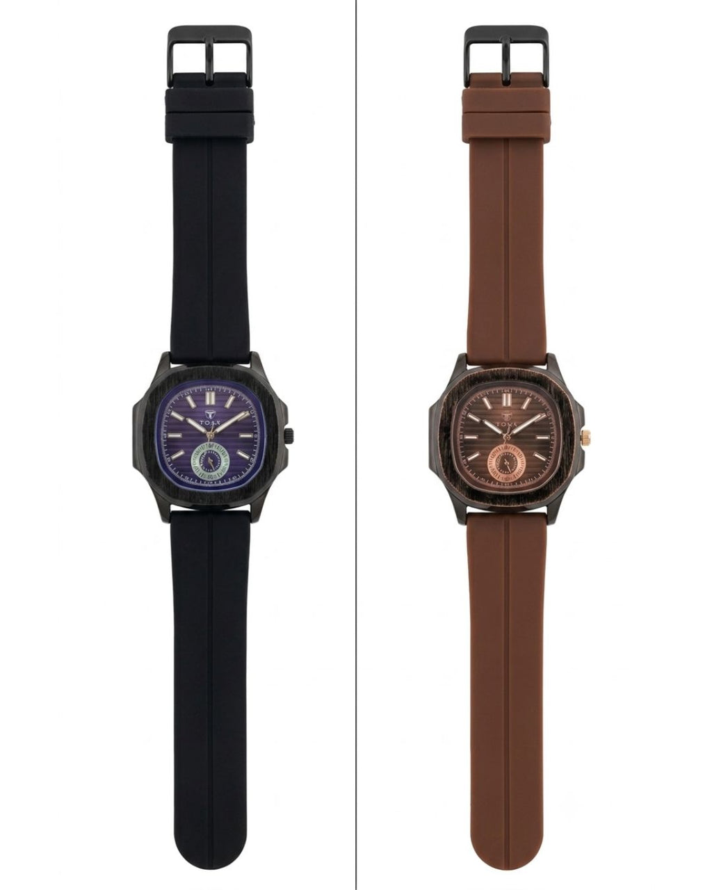 Two men's analog watches shown side by side on a white background. The watch on the left has a black silicone strap and a dark blue-purple dial.