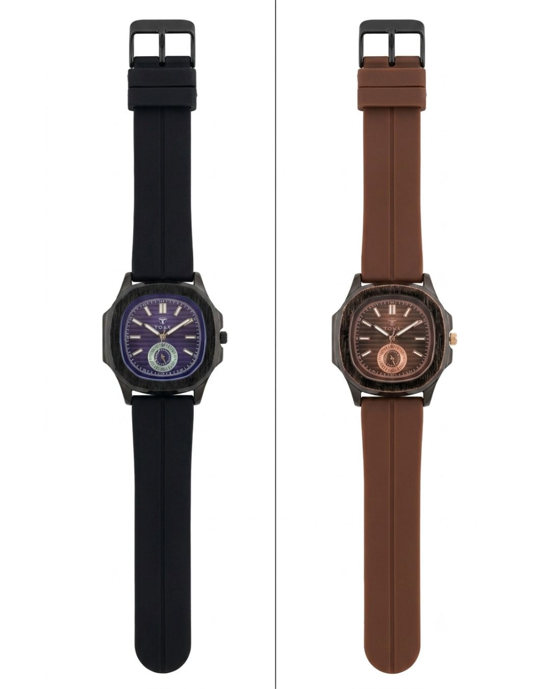 Two men's analog watches shown side by side on a white background. The watch on the left has a black silicone strap and a dark blue-purple dial.