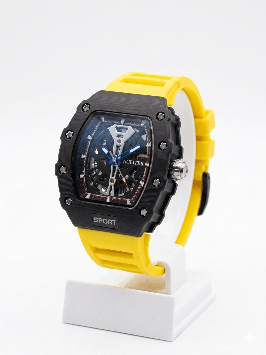 Men's Yellow Skeleton Sport Watch | RM Inspired Design | Durable Silicone Strap