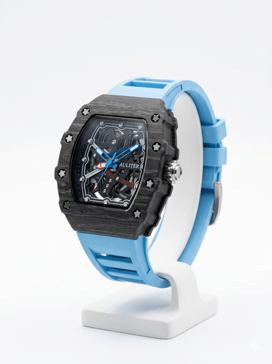 Men's Sky Blue Skeleton Sport Watch | RM Inspired Design | Durable Silicone Strap
