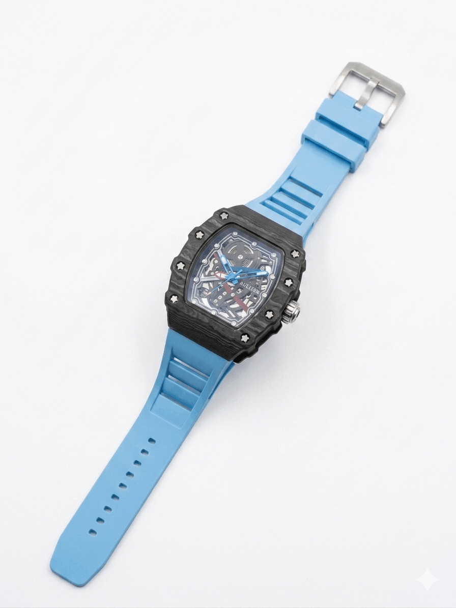 Men's Sky Blue Skeleton Sport Watch | RM Inspired Design | Durable Silicone Strap