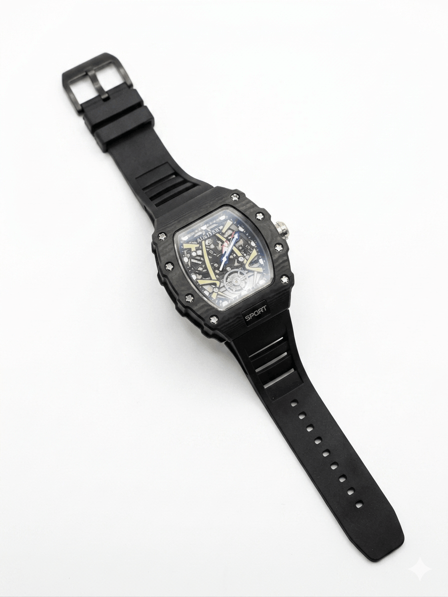 Men's Black Skeleton Sport Watch | RM Inspired Design | Durable Silicone Strap